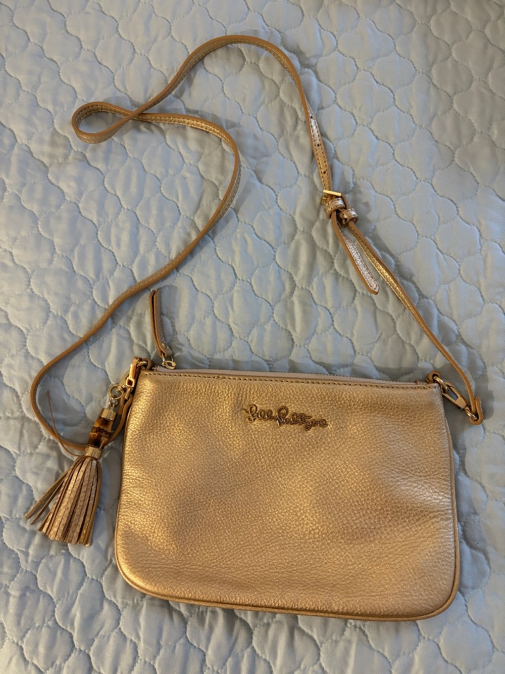 Lilly Pulitzer Metallic Gold Leather Pebbled Crossbody with Tassel